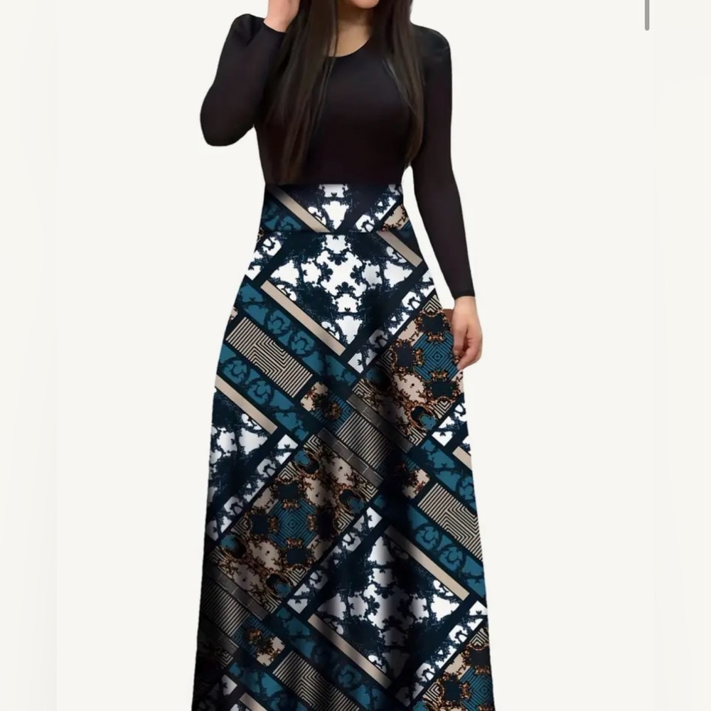 Floral Print Long Sleeve Round Neck Medium Stretch Maxi Dress